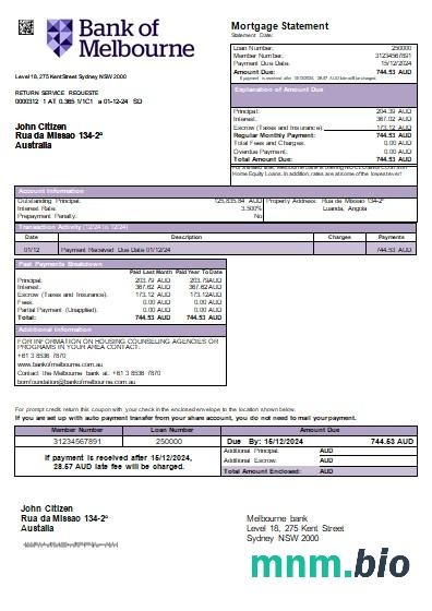 Australia Bank of Melbourne wyciąg z kredytu hipotecznego szablon Word i PDF